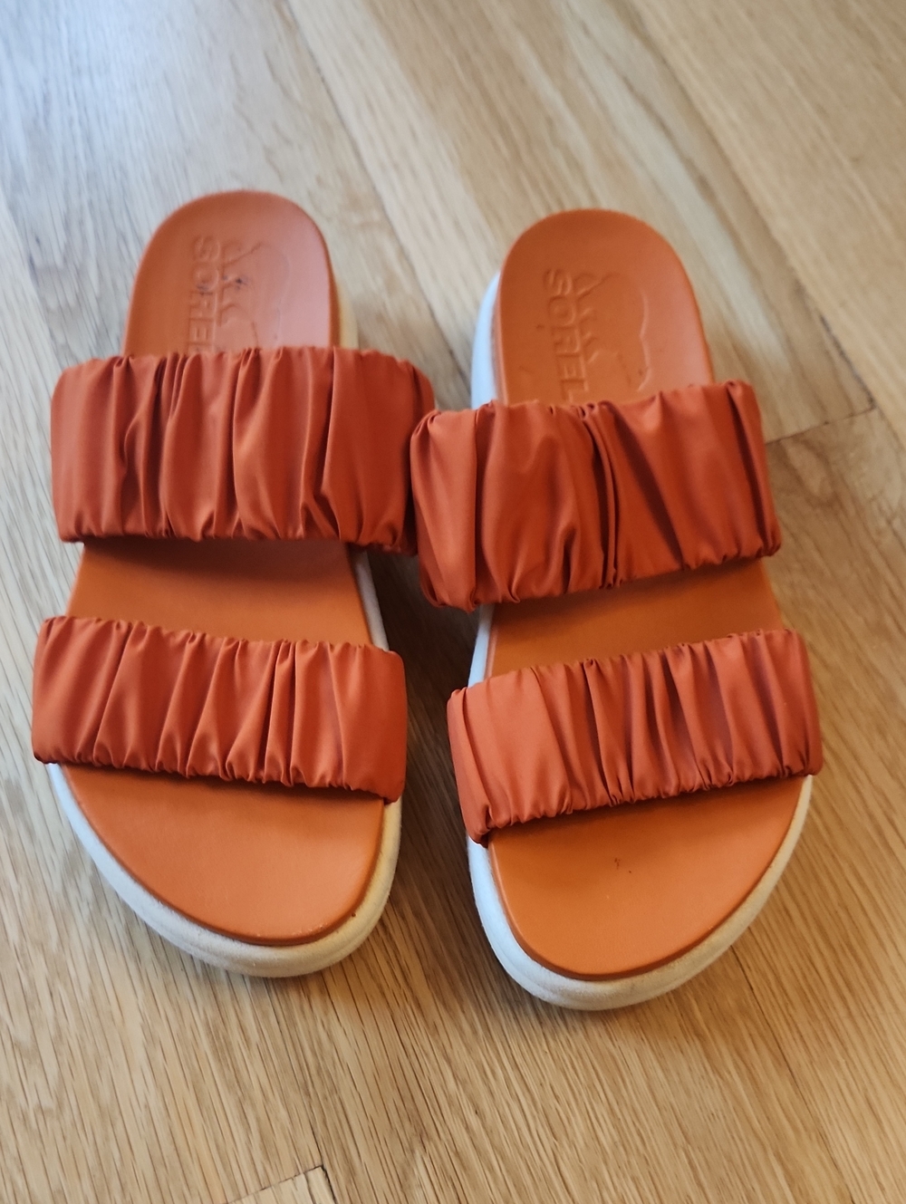 Sorel Women's Orange Slide Sandals with Ruched Straps